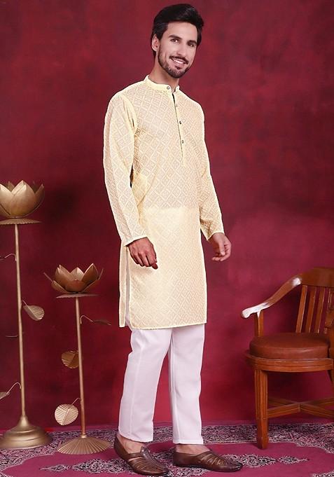 Yellow Embroidered Georgette Kurta For Men