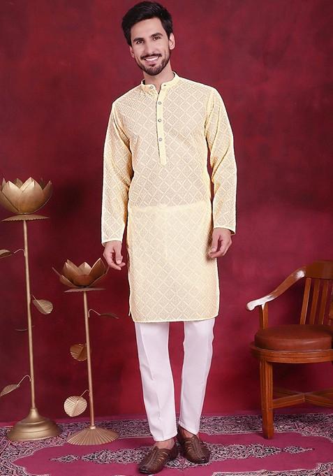 Yellow Embroidered Georgette Kurta For Men