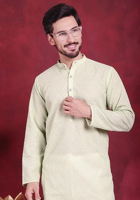 Pista Green Embroidered Georgette Kurta For Men