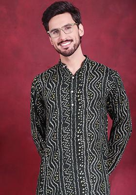 Green Printed Viscose Rayon Kurta For Men