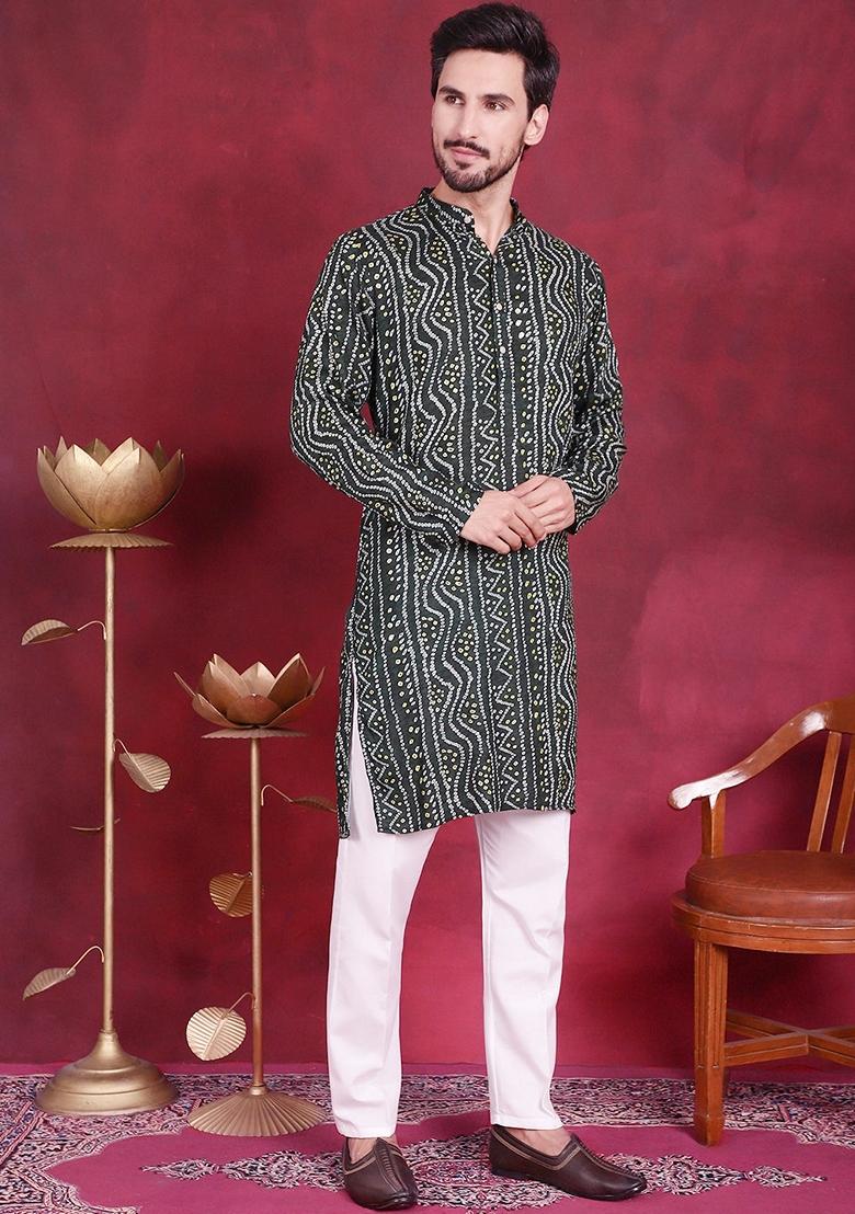 Green Printed Viscose Rayon Kurta For Men - Indya