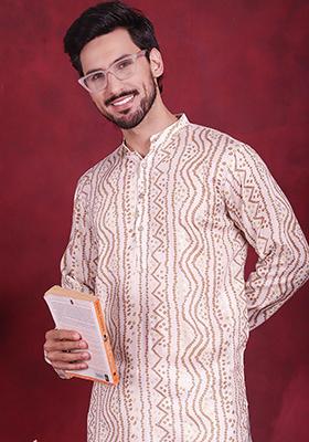 Cream Printed Viscose Rayon Kurta For Men