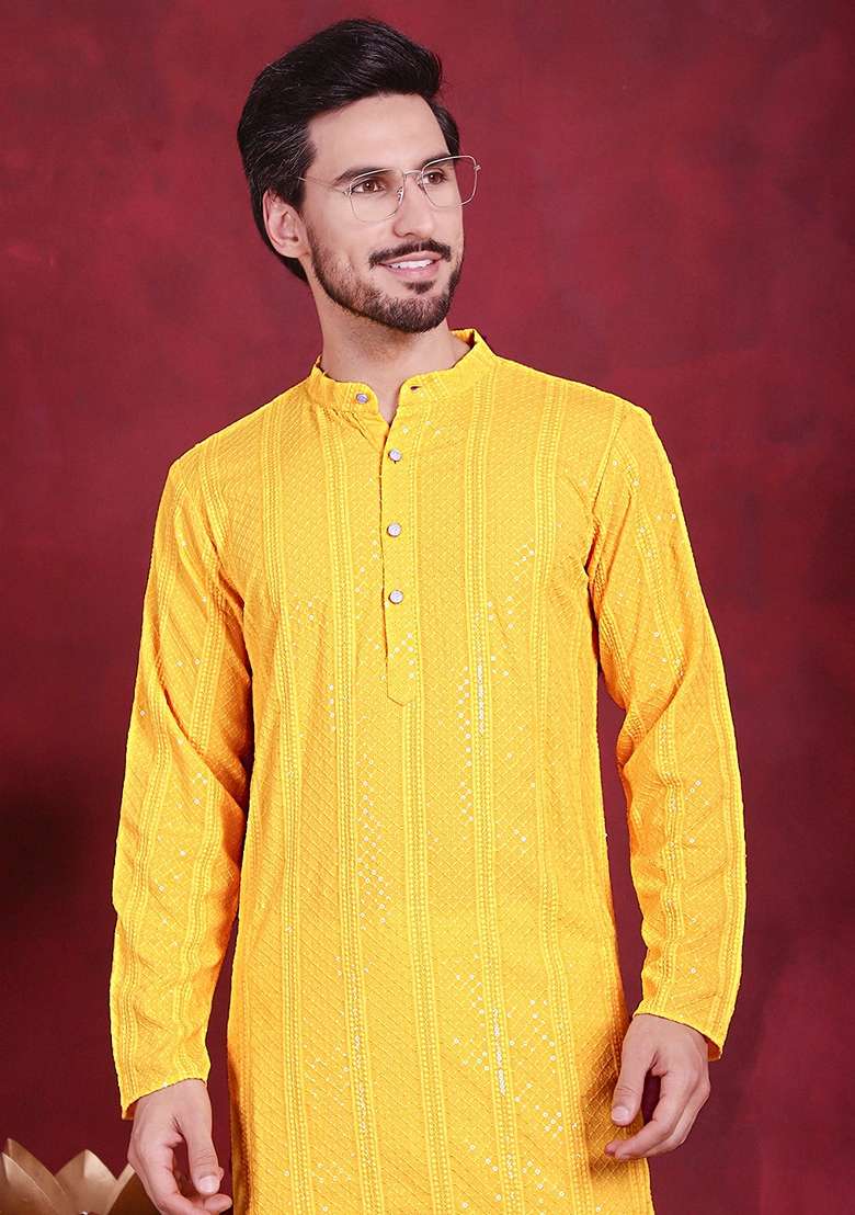 Yellow Embroidered Viscose Rayon Kurta For Men - Indya