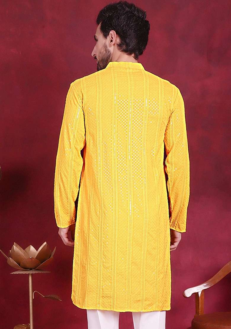 Yellow Embroidered Viscose Rayon Kurta For Men - Indya