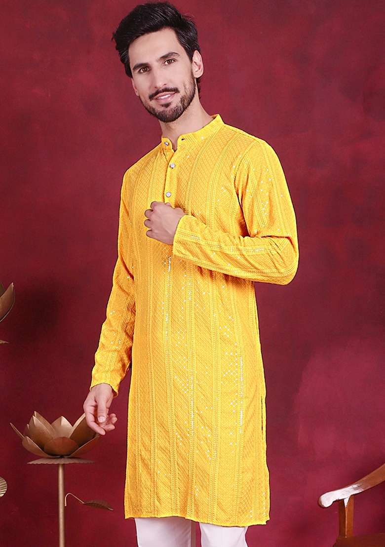 Yellow Embroidered Viscose Rayon Kurta For Men - Indya