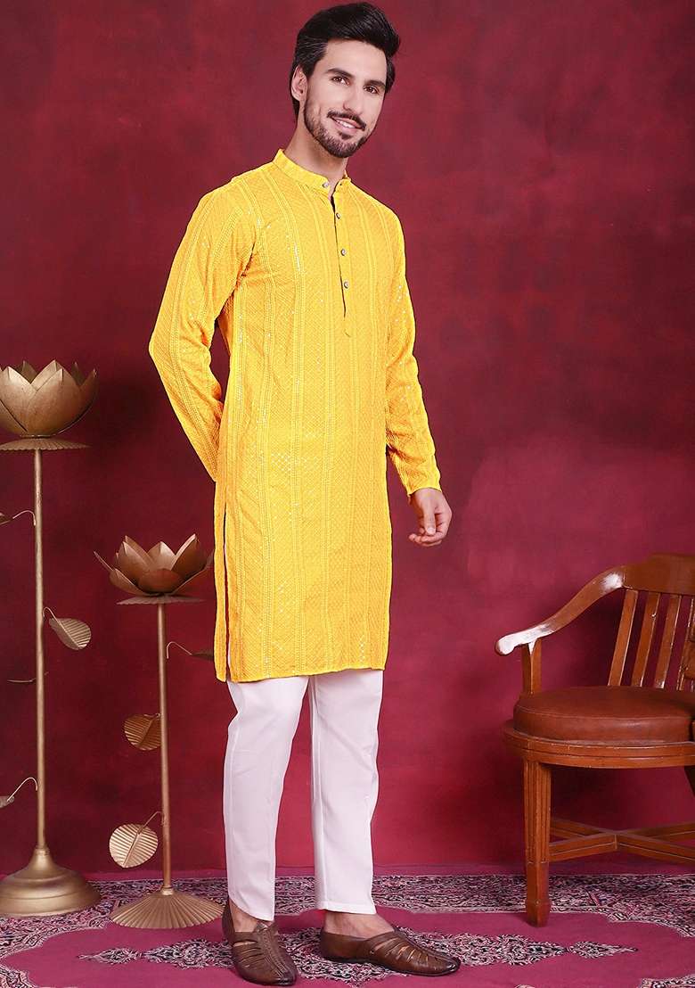 Yellow Embroidered Viscose Rayon Kurta For Men - Indya