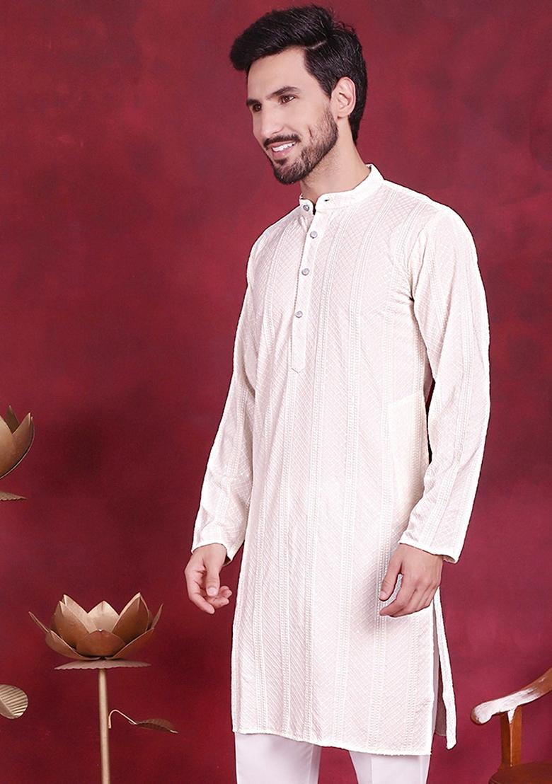 White Embroidered Viscose Rayon Kurta For Men