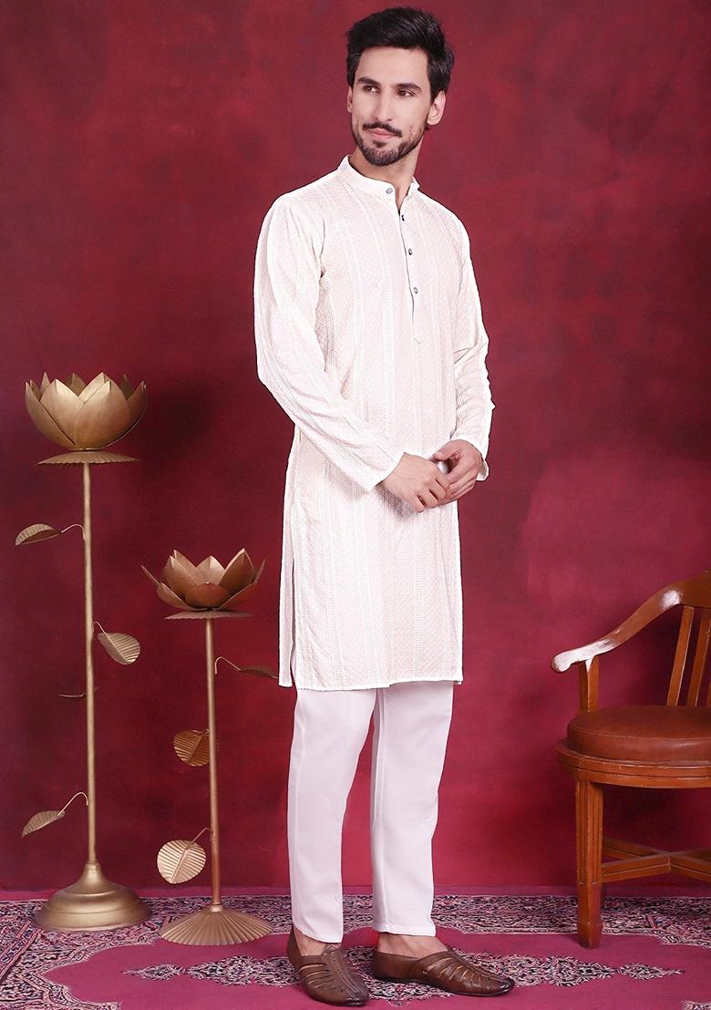 White Embroidered Viscose Rayon Kurta For Men