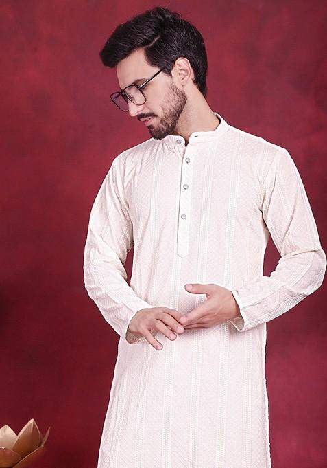 White Embroidered Viscose Rayon Kurta For Men