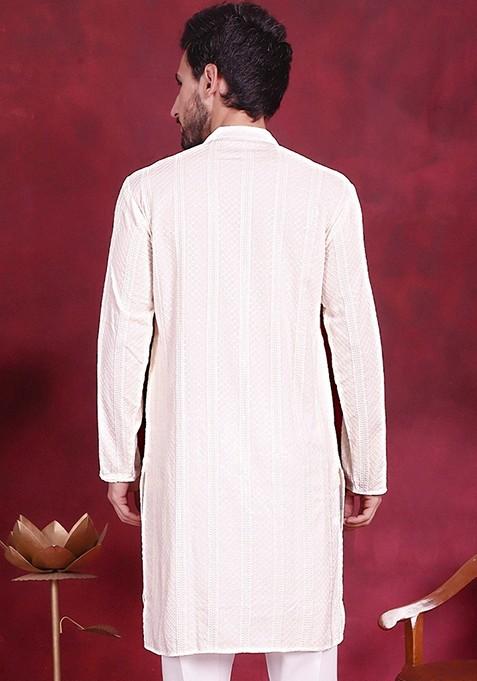 White Embroidered Viscose Rayon Kurta For Men