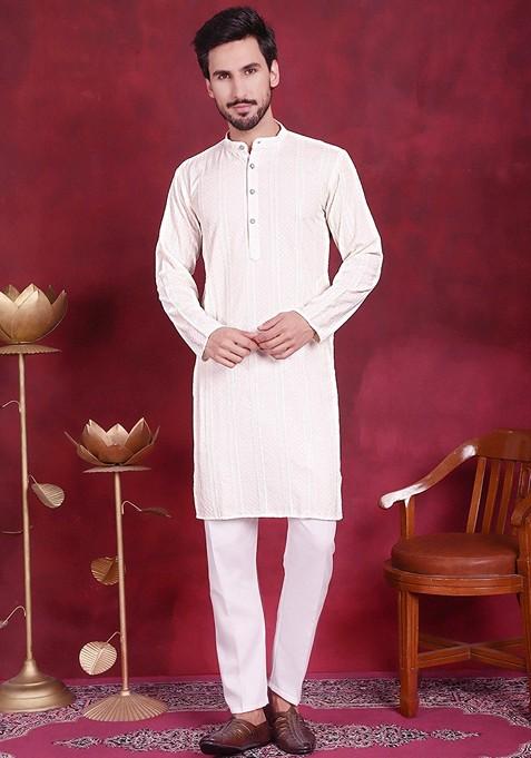 White Embroidered Viscose Rayon Kurta For Men