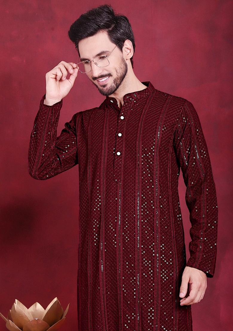 Maroon Embroidered Viscose Rayon Kurta For Men
