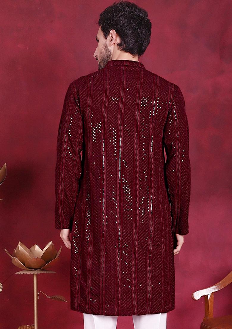 Maroon Embroidered Viscose Rayon Kurta For Men