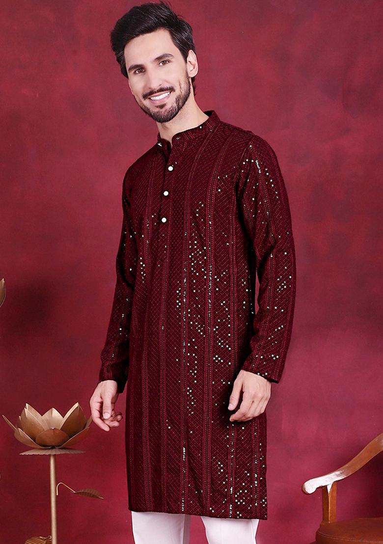 Maroon Embroidered Viscose Rayon Kurta For Men