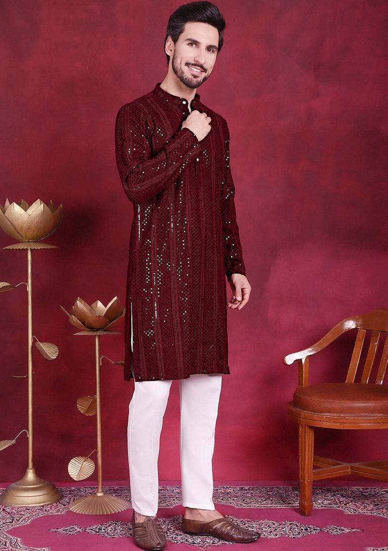 Maroon Embroidered Viscose Rayon Kurta For Men