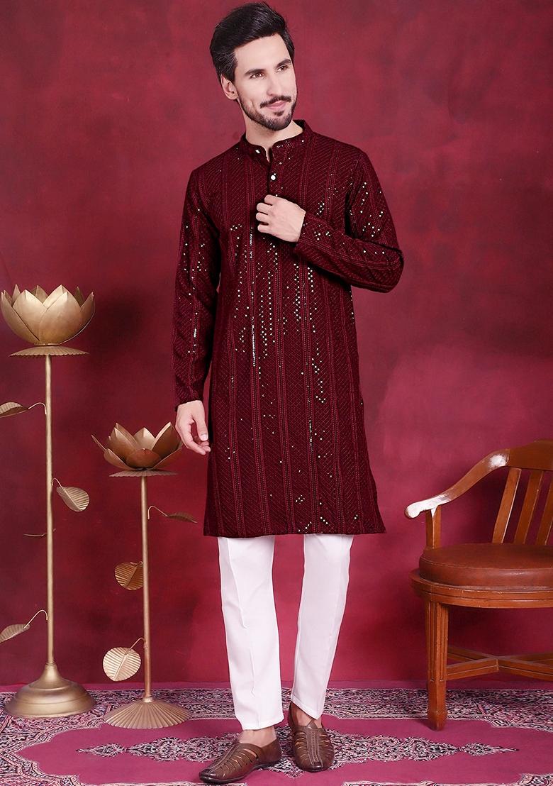Maroon Embroidered Viscose Rayon Kurta For Men