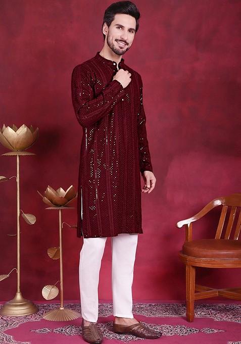 Maroon Embroidered Viscose Rayon Kurta For Men