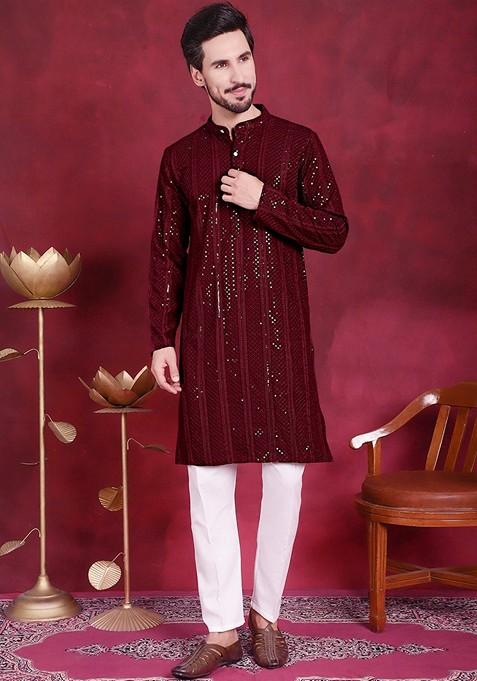 Maroon Embroidered Viscose Rayon Kurta For Men