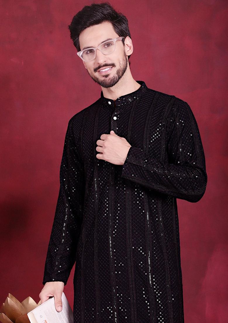 Black Embroidered Viscose Rayon Kurta For Men