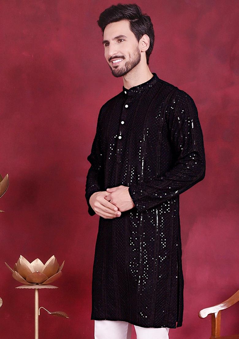 Black Embroidered Viscose Rayon Kurta For Men