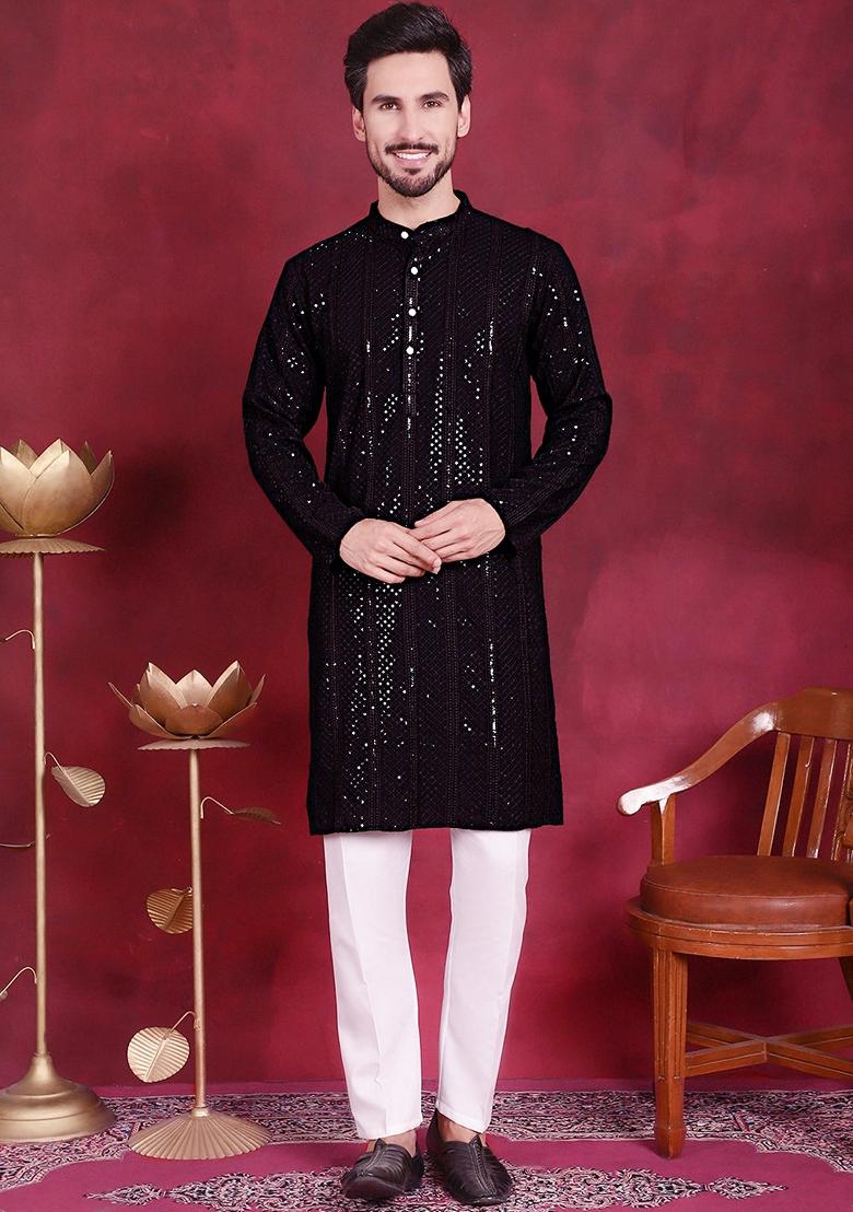 Black Embroidered Viscose Rayon Kurta For Men