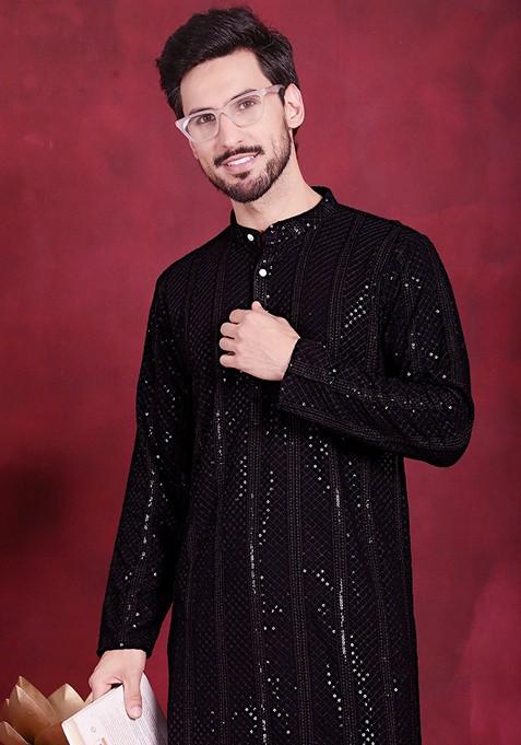 Black Embroidered Viscose Rayon Kurta For Men