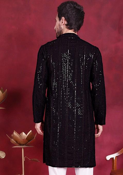 Black Embroidered Viscose Rayon Kurta For Men