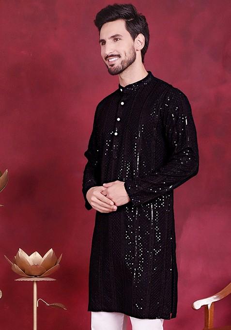 Black Embroidered Viscose Rayon Kurta For Men
