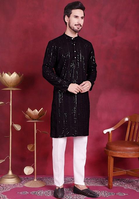 Black Embroidered Viscose Rayon Kurta For Men