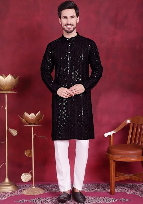 Black Embroidered Viscose Rayon Kurta For Men