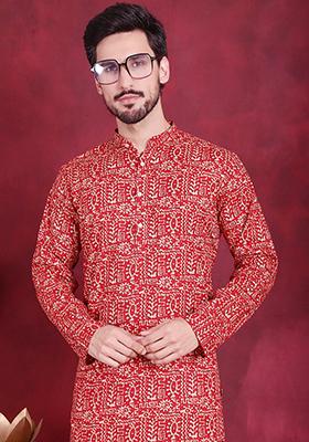Red Printed Viscose Rayon Kurta For Men