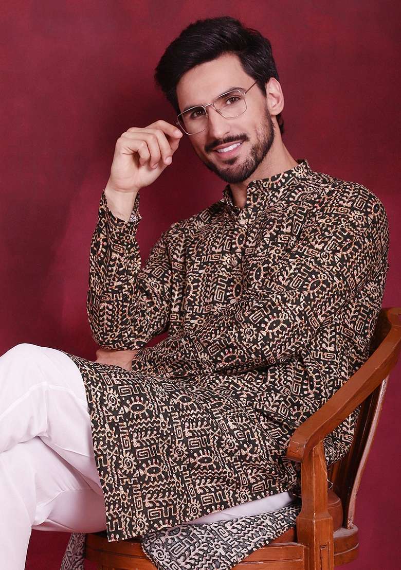 Olive Printed Viscose Rayon Kurta For Men - Indya