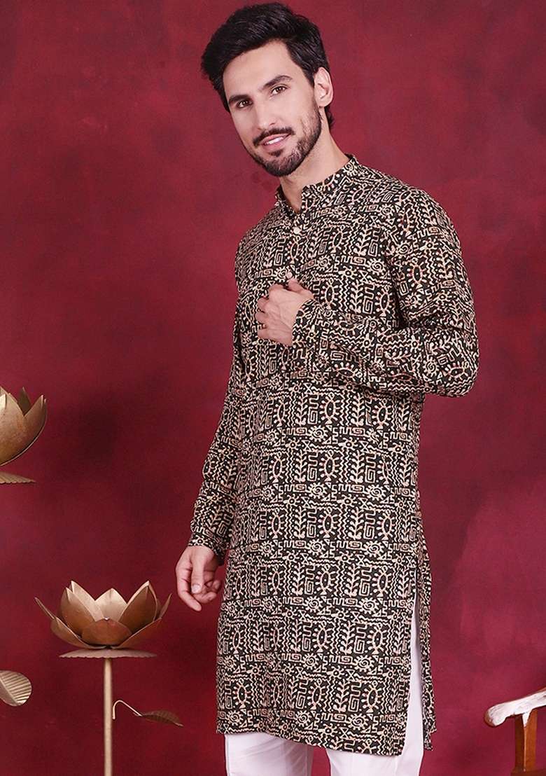 Olive Printed Viscose Rayon Kurta For Men - Indya