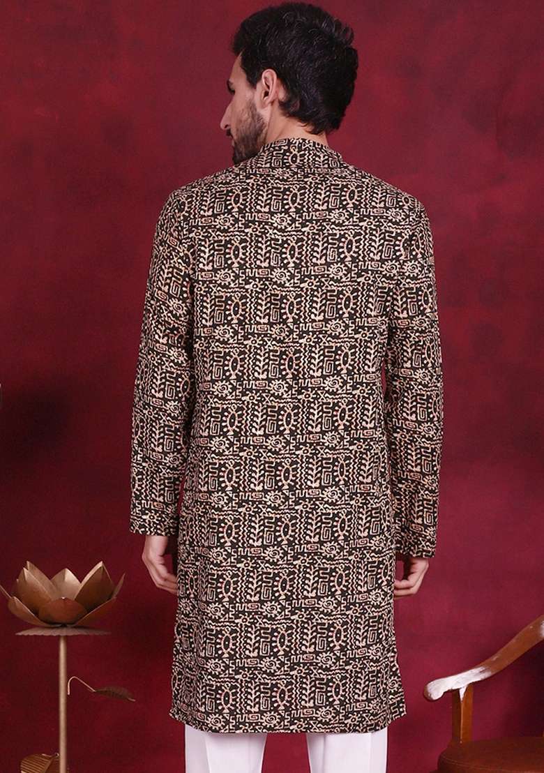 Olive Printed Viscose Rayon Kurta For Men - Indya