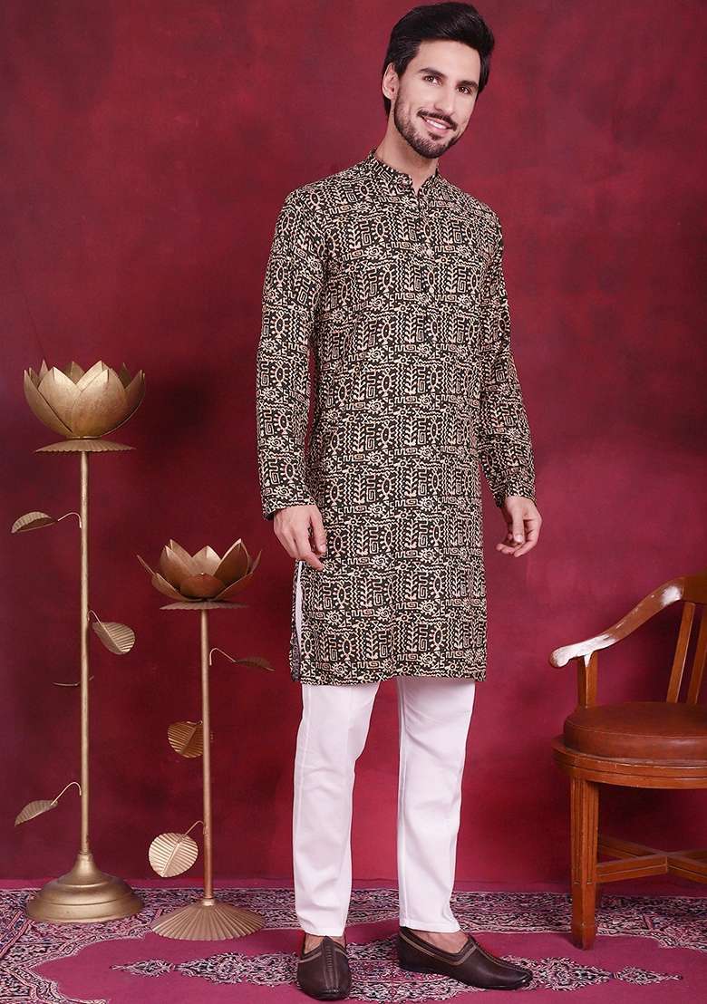 Olive Printed Viscose Rayon Kurta For Men - Indya