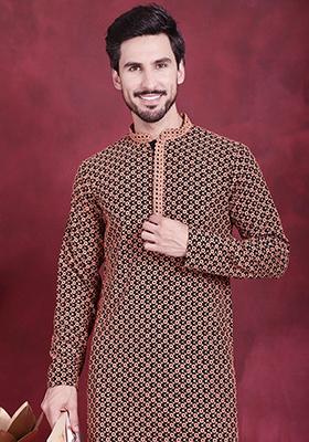 Orange Embroidered Viscose Rayon Kurta For Men
