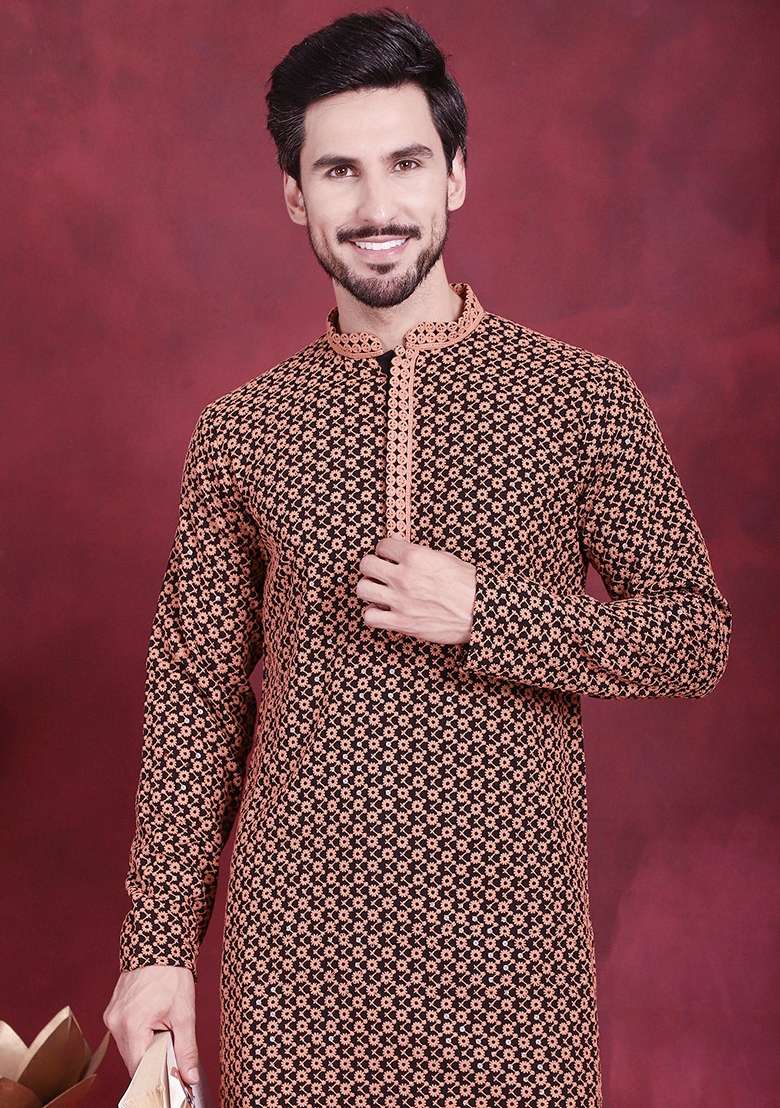 Orange Embroidered Viscose Rayon Kurta For Men - Indya
