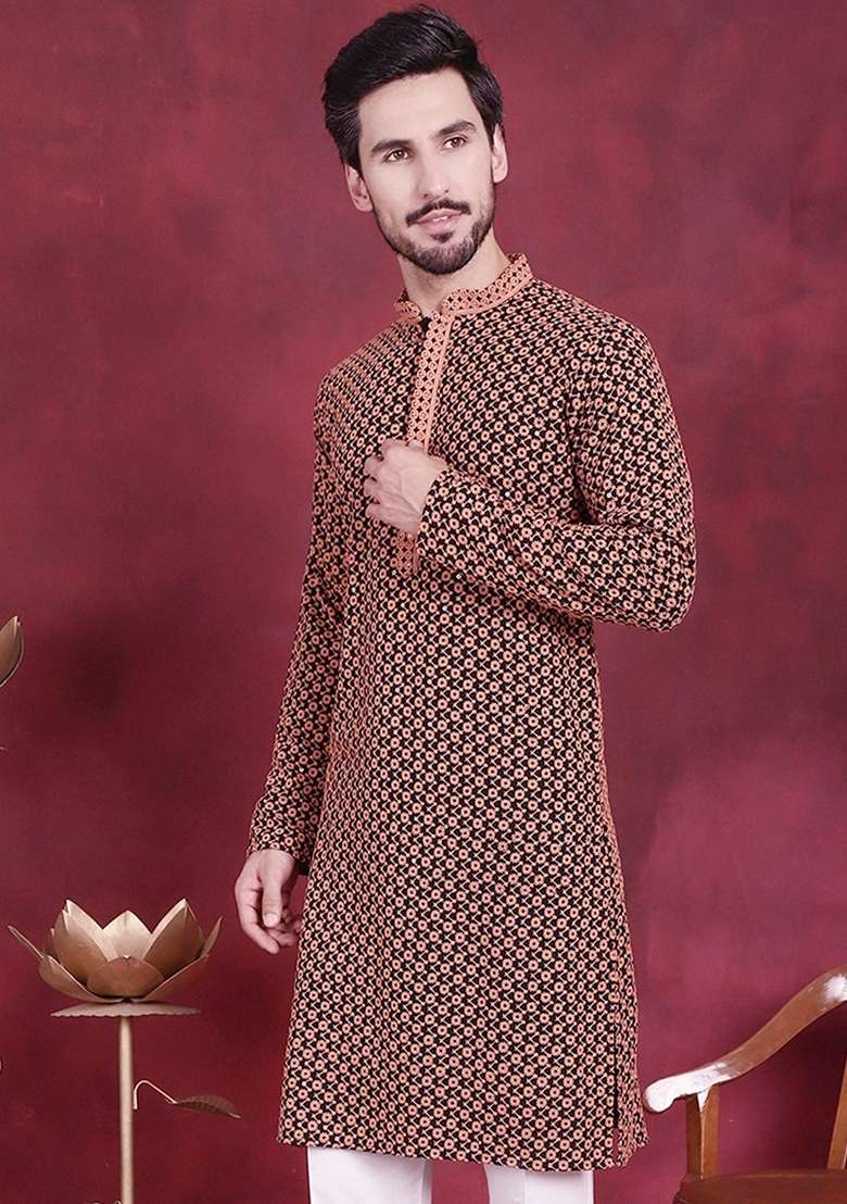 Orange Embroidered Viscose Rayon Kurta For Men - Indya
