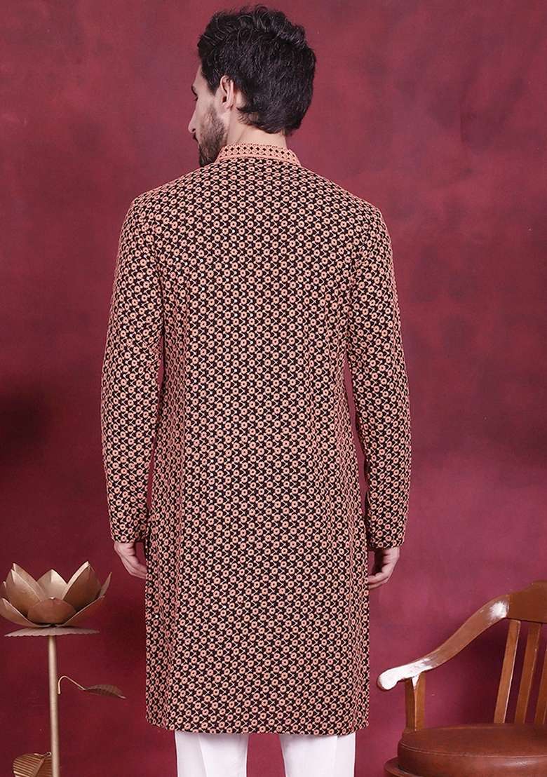 Orange Embroidered Viscose Rayon Kurta For Men - Indya