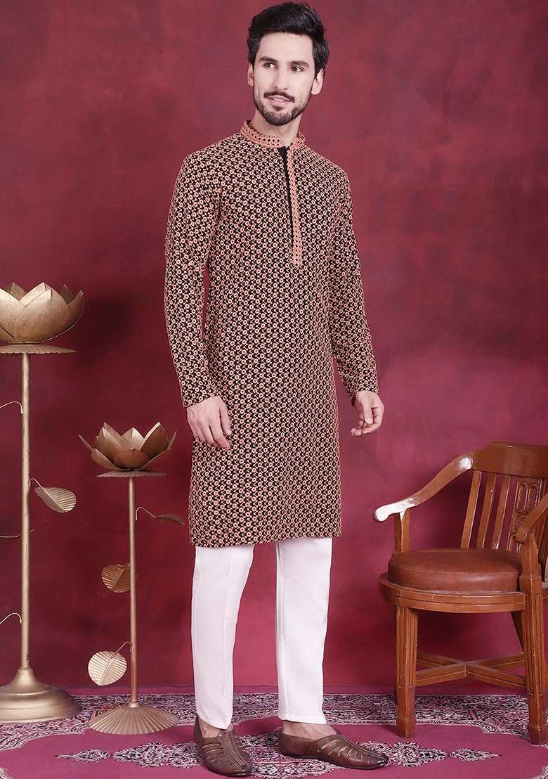 Orange Embroidered Viscose Rayon Kurta For Men - Indya