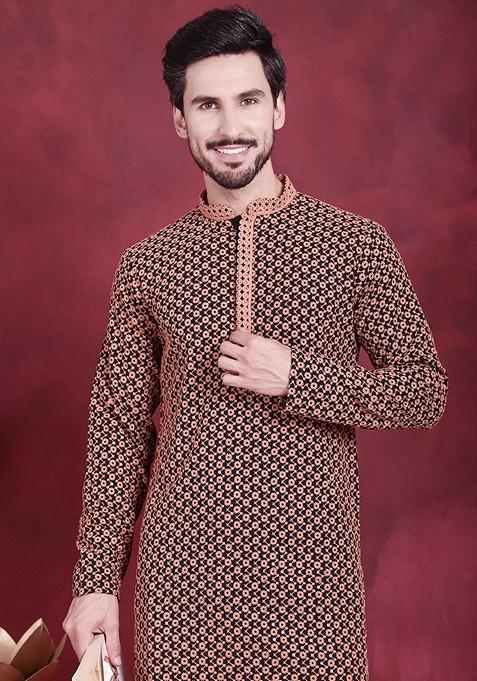 Orange Embroidered Viscose Rayon Kurta For Men