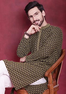 Mehndi Green Embroidered Viscose Rayon Kurta For Men