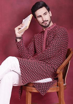 Magenta Embroidered Viscose Rayon Kurta For Men