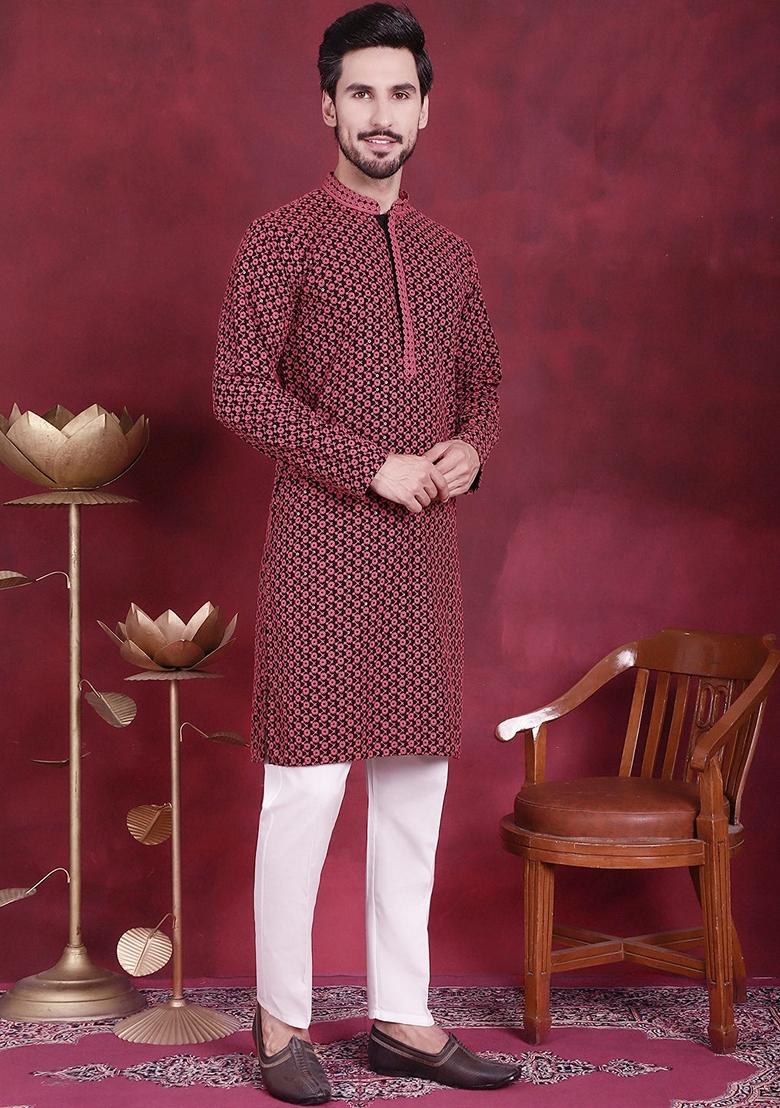 Magenta Embroidered Viscose Rayon Kurta For Men - Indya