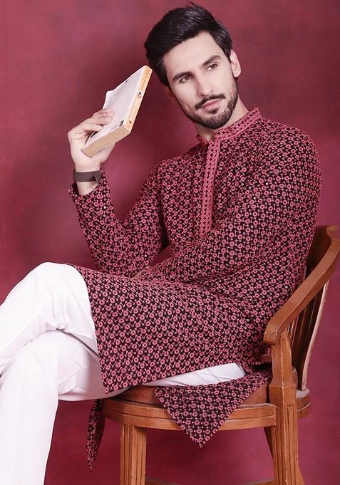 Magenta Embroidered Viscose Rayon Kurta For Men