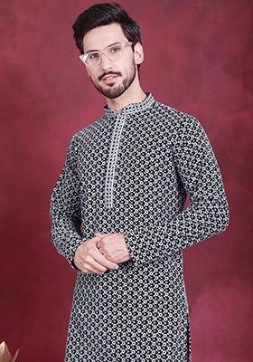 Grey Embroidered Viscose Rayon Kurta For Men