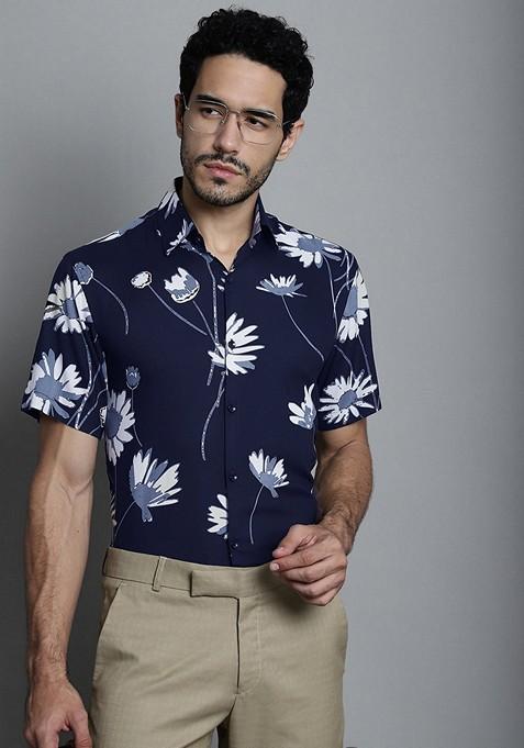 Navy Blue Printed Viscose Rayon Shirt For Men