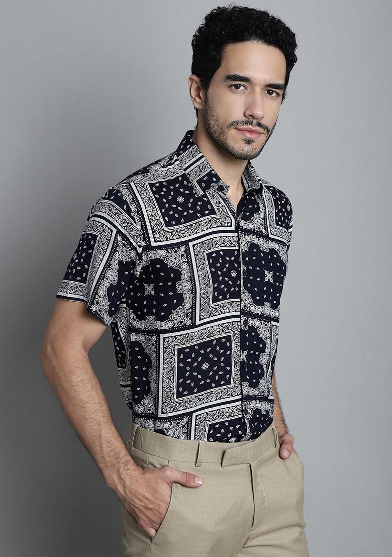 Navy Blue Printed Viscose Rayon Shirt For Men - Indya