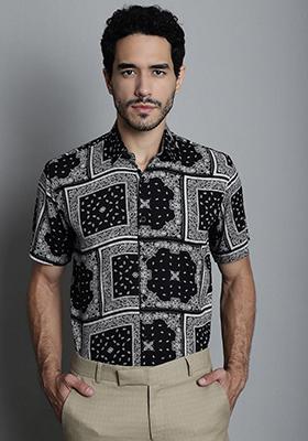 Black Printed Viscose Rayon Shirt For Men