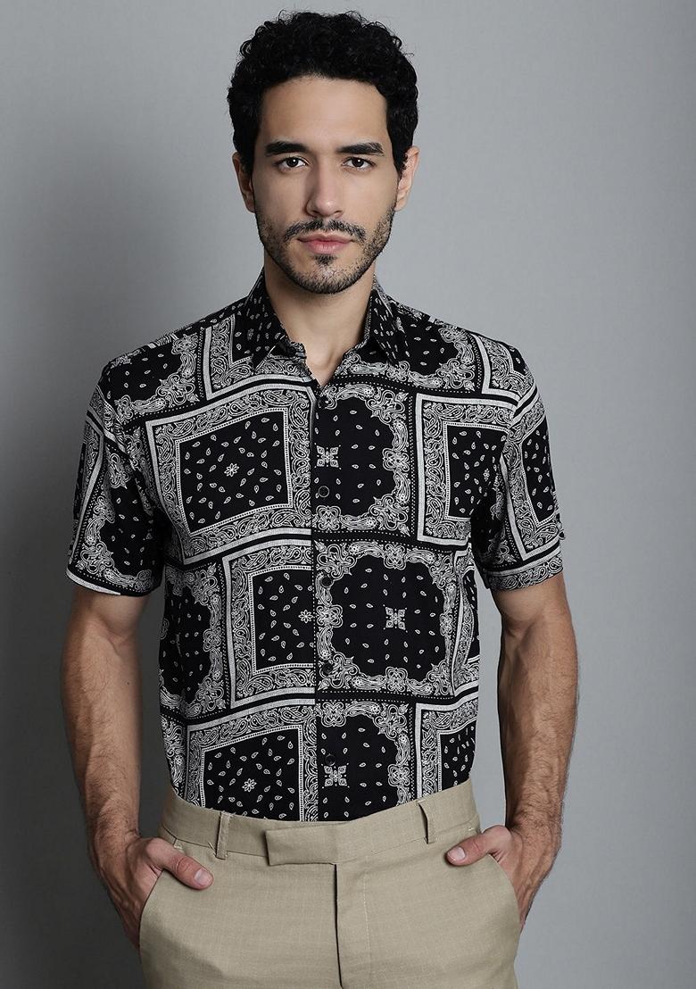 Black Printed Viscose Rayon Shirt For Men